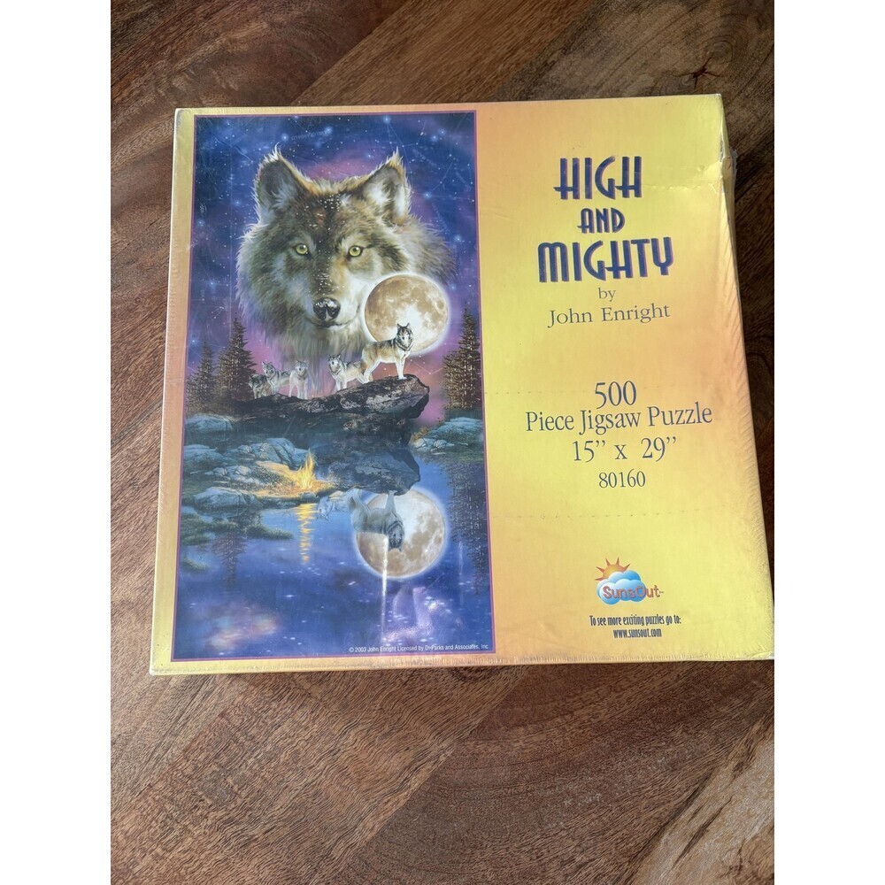 SunsOut High And Mighty 500 Piece Jigsaw Puzzle Wolves Yellow 15x29 2003 USA